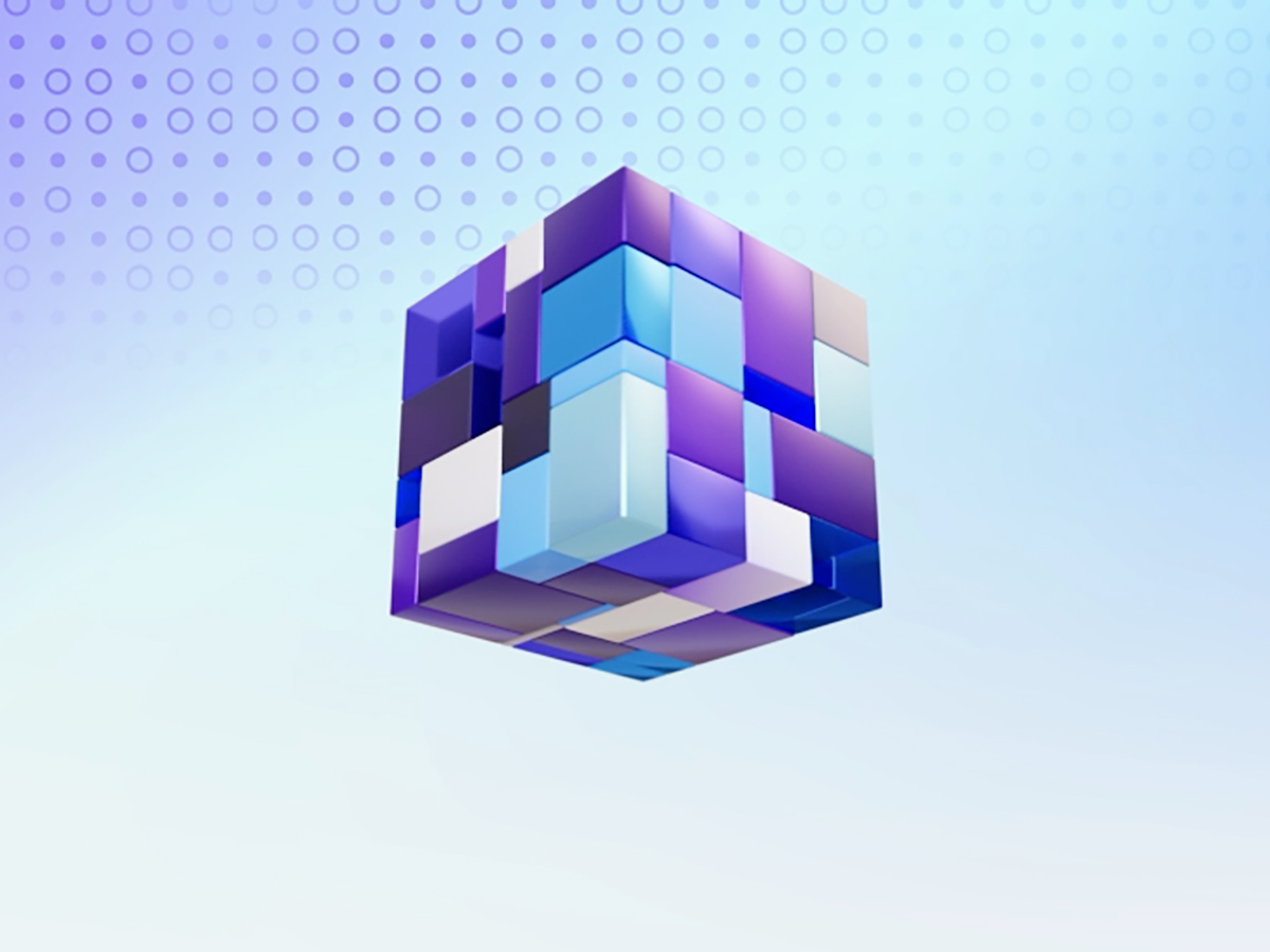 Abstract 3D cube composed of smaller geometric blocks in shades of blue, purple, and white on a light gradient background. Used as eBook cover art.