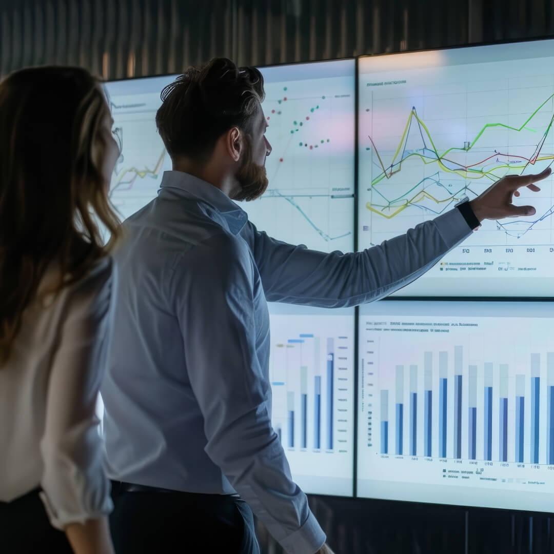 Two professionals analyzing data visualizations and graphs on large screens.