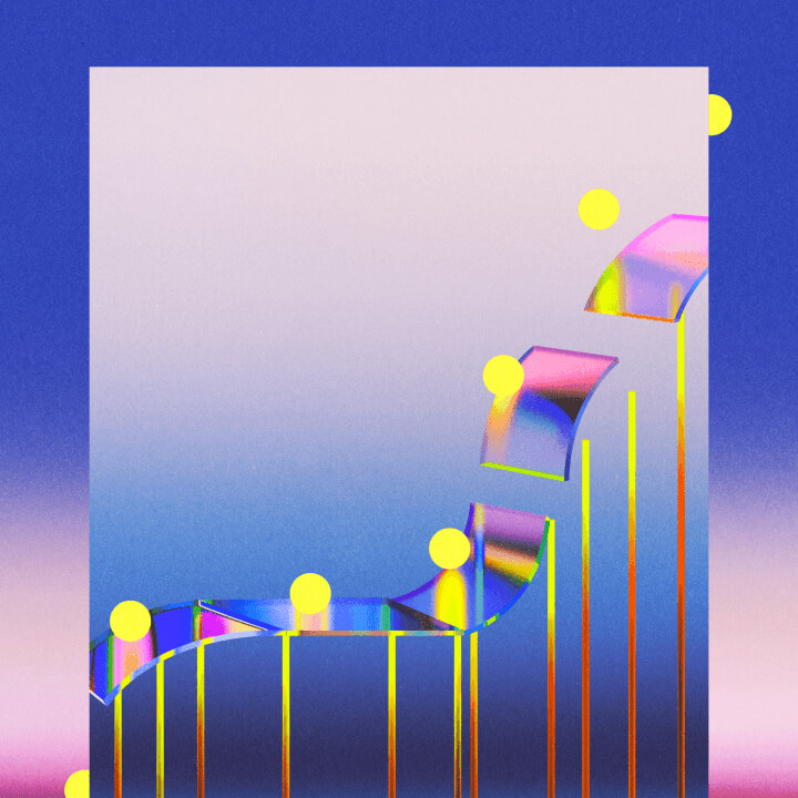 Abstract artwork featuring yellow spheres on a curved, reflective rainbow-colored structure against a gradient blue and pink background.
