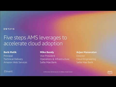 Slide from AWS re:Invent session titled 'Five steps AMS leverages to accelerate cloud adoption,' featuring speakers Barb Malik (Amazon Web Services), Mike Bandy (Sallie Mae Bank), and Arjun Manavalan (Sallie Mae Bank), with a colorful gradient background.