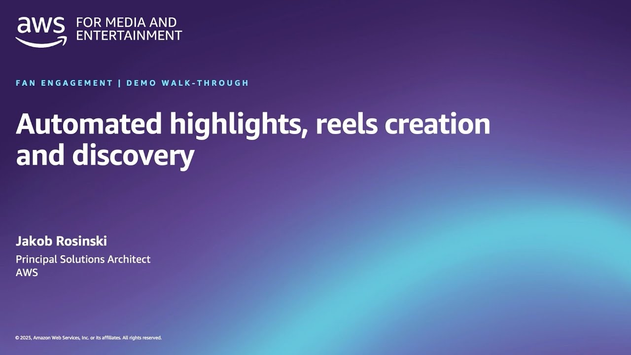 Presentation slide for AWS Media & Entertainment showing 'Automated highlights, reels creation and discovery' demo walk-through by Jakob Rosinski, Principal Solutions Architect at AWS.