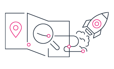 An icon depicting a stylized rocket launching from a map with route points, symbolizing modern applications, innovation, and navigation.