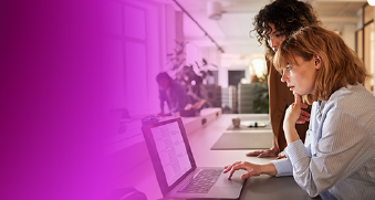 Two people collaborating while looking at a laptop screen in a modern office, with a purple overlay. Represents secure connections and collaboration using AWS HashiCorp Consul service mesh.