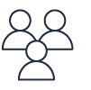Icon representing customer stories, featuring three simple human figures. Used for sections or content related to customer experiences or case studies.