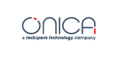 Onica logo in navy and red with tagline 'a Rackspace Technology company'.