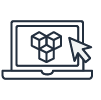 Line art icon showing a laptop with an AWS service cube logo on the screen and a cursor pointer, representing getting started with Red Hat OpenShift Service on AWS (ROSA).