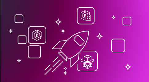 Illustration of a rocket launching with AWS modern application partner service icons on a purple gradient background, representing innovation and acceleration in cloud application development.