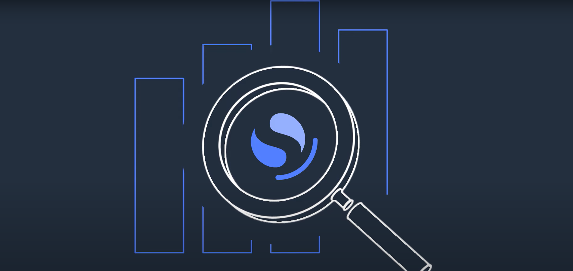 An illustration of a magnifying glass focusing on the OpenSearch logo, set against a background of stylized blue bar graphs on a dark background.