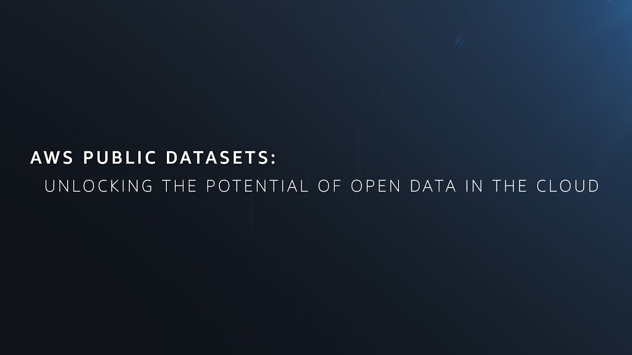 Text reading "AWS Public Datasets: Unlocking the Potential of Open Data in the Cloud" on a dark blue gradient background.