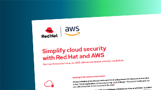 Promotional graphic featuring Red Hat and AWS logos with the text 'Simplify cloud security with Red Hat and AWS.' Used to promote cloud security solutions offered jointly by Red Hat and AWS.