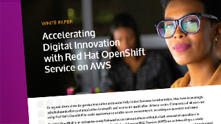 Cover image for the white paper titled 'Accelerating Digital Innovation with Red Hat OpenShift Service on AWS,' featuring a professional woman wearing glasses and text describing the service.