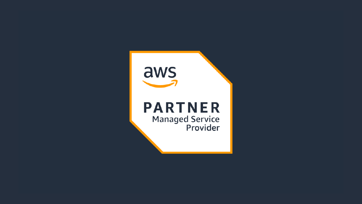 AWS Partner badge for Managed Service Provider, featuring the AWS logo and text 'Partner Managed Service Provider' on a dark background.