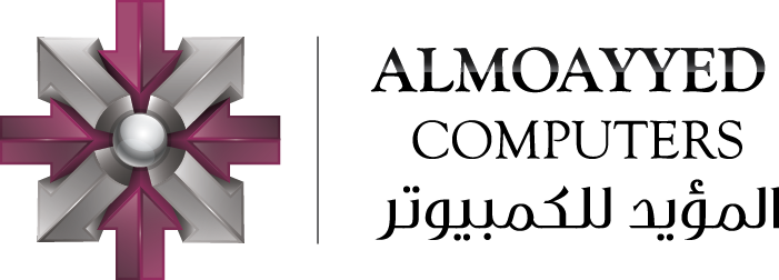 Logo for Almoayyed Computers. The image features a stylized icon and the company's name in both English and Arabic.
