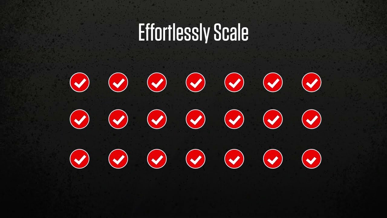 YouTube thumbnail image with the text 'Effortlessly Scale' at the top and rows of red checkmark icons on a black background, representing scalability and completion.