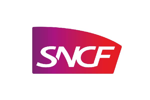 The SNCF logo displayed on a gradient background transitioning from purple to red.