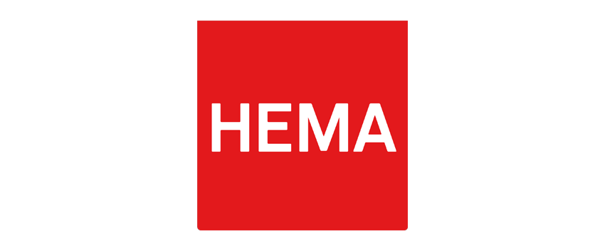 Logo of HEMA with white text on a red square background.