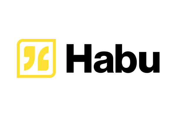 The Habu company logo featuring a yellow icon with stylized quotation marks and the word 'Habu' in bold black text on a transparent background.