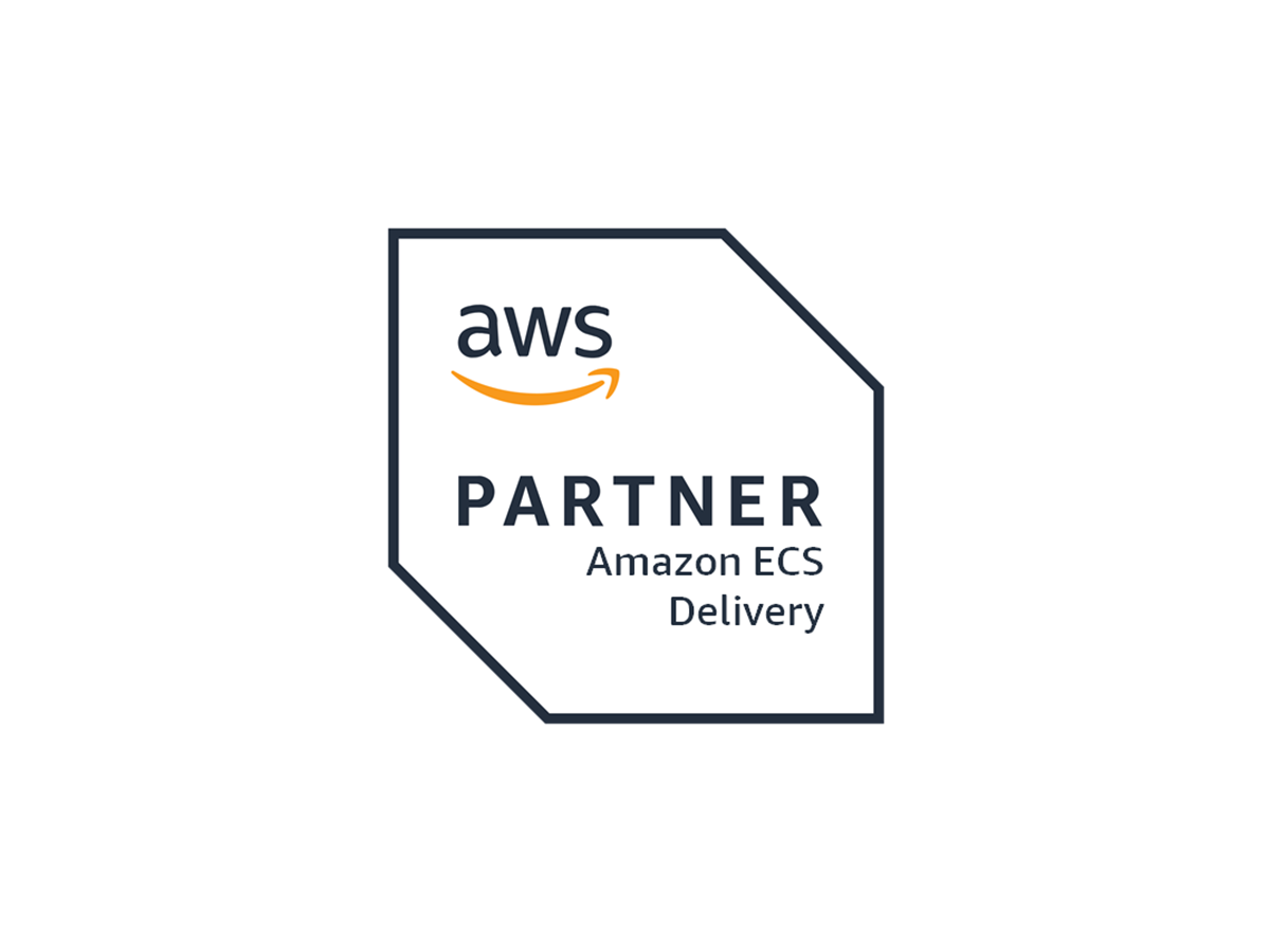 AWS Partner badge for Amazon ECS Delivery, displaying the AWS logo and the text 'Partner Amazon ECS Delivery' inside a stylized shape on a white background.