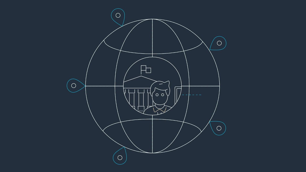 A minimalist illustration depicting a globe network with a government building and a person at the center, representing global government connectivity.
