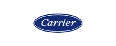 The Carrier company logo, representing Carrier as a manufacturing partner. The logo features the company name in white text within a blue oval, centered on a white background.