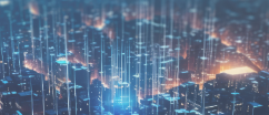A futuristic cityscape at night with glowing buildings and streams of digital data rising from the structures, representing advanced technology and data connectivity.