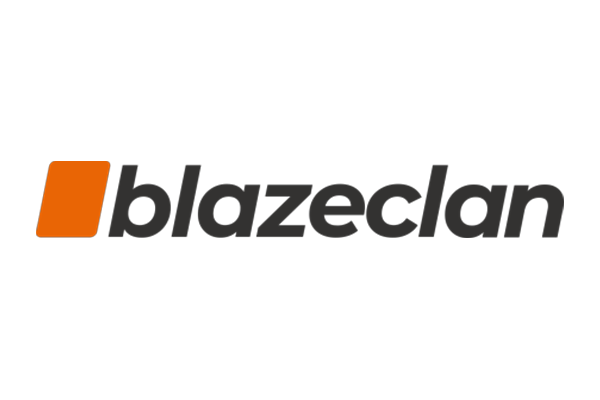 Blazeclan company logo with a transparent background, featuring the word 'blazeclan' in lowercase letters and an orange rectangular icon to the left.