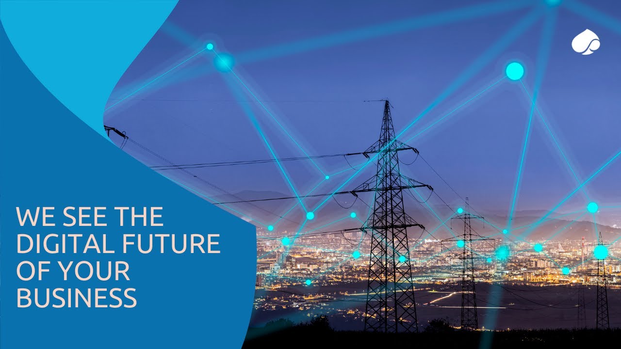 YouTube thumbnail showing power lines over a cityscape at night, with digital network lines and nodes visualized, and the text 'We see the digital future of your business' on the left side.
