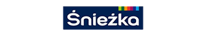 A colorful banner featuring the Śnieżka logo with a navy background and multicolored bars.
