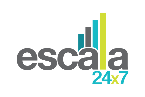 Logo for Escala24x7 featuring the brand name with a stylized bar graph element integrated into the text, symbolizing growth and analytics.