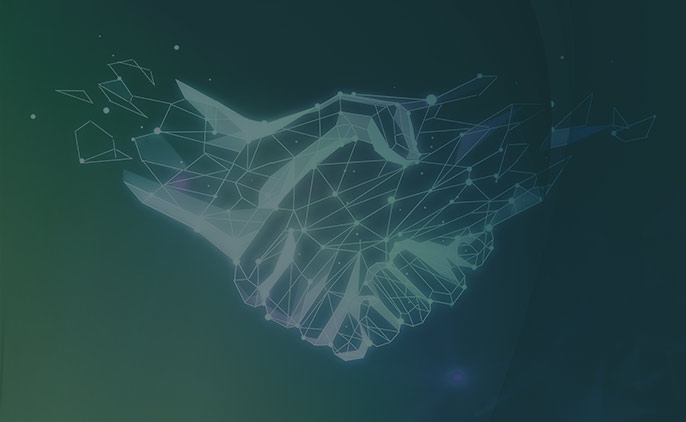 A digital illustration of two hands shaking, formed by connecting lines and dots, representing partnership and collaboration in a technology or business context.