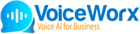 VoiceWorx AI logo with tagline 'Voice AI for Business', featuring a blue chat bubble with sound wave graphics.