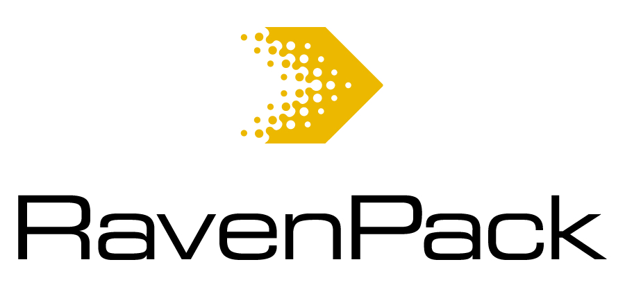 RavenPack logo featuring a stylized yellow arrow formed by merging dots and the text 'RavenPack' below it.