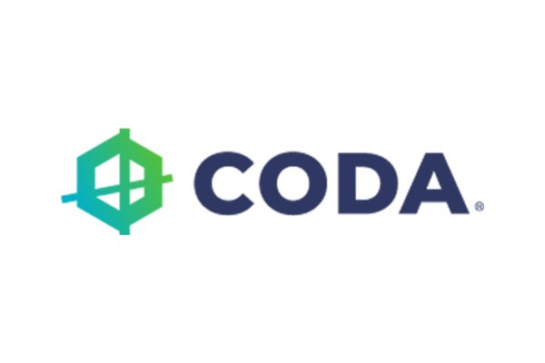 The horizontal color logo of Coda, featuring a gradient blue to green icon and 'Coda' text in navy blue.