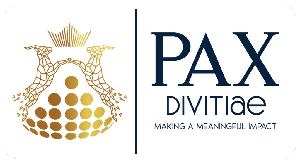 PAX DIVITIAE logo featuring two geometric gazelles, a gold crown, gold dot pattern, and the text 'PAX DIVITIAE - Making a Meaningful Impact'.