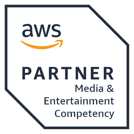 AWS Partner badge indicating Media & Entertainment Competency, featuring the AWS logo and text within a geometric outline.