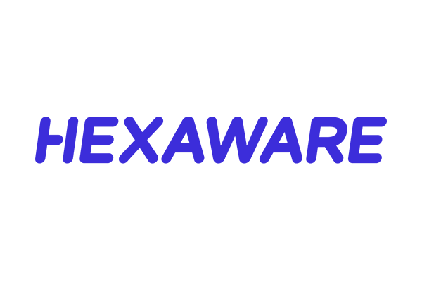"HEXAWARE" written in bold, blue, rounded letters on a transparent background.