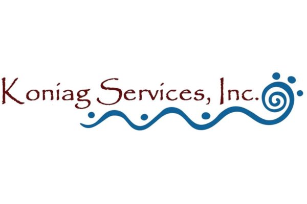 Logo of Koniag Services, Inc. featuring the company name in stylized font with a blue wave and swirl design.