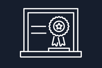 A white outline icon of an award ribbon and certificate on a dark background, symbolizing achievement or certification.