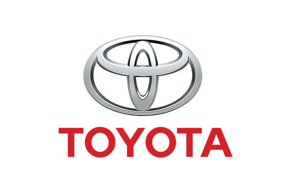 Toyota logo featuring a silver emblem above bold red 'TOYOTA' text on a white background.