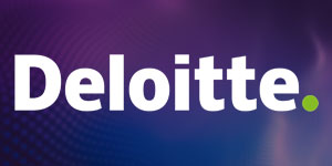 Deloitte logo in white text with a green dot on a purple gradient background.
