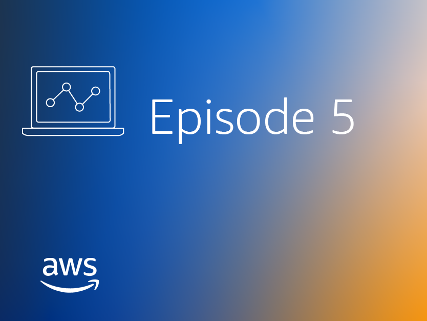 Banner image for AWS Connect Podcast Episode 5 featuring a line graph on a laptop icon, episode number text, and AWS logo on a blue and orange gradient background.