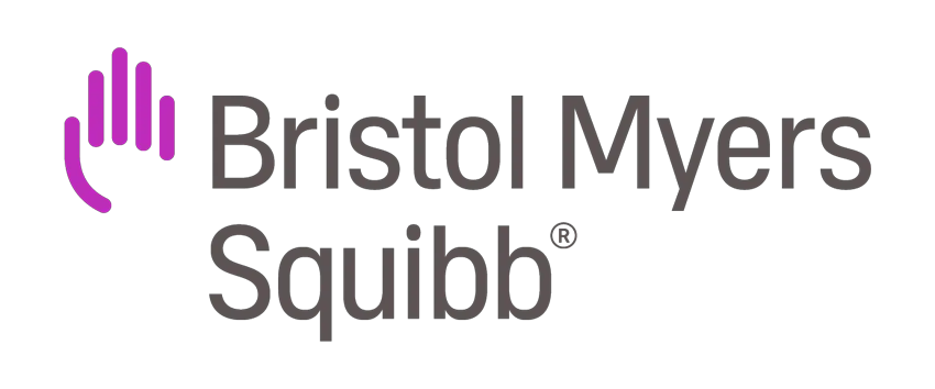 Logo of Bristol Myers Squibb featuring stylized purple hand icon and the company name in gray text.