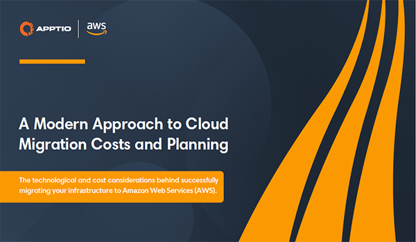 Thumbnail image for the eBook titled 'A Modern Approach to Cloud Migration Costs and Planning'. The image features the Apptio and AWS logos and mentions technological and cost considerations for migrating infrastructure to Amazon Web Services (AWS).