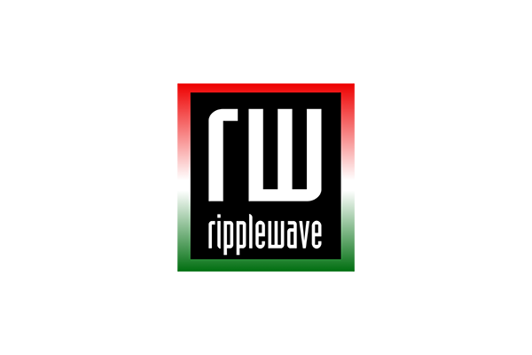 Logo for Ripplewave with the letters 'rw' and the word 'ripplewave' in white on a black rectangle, centered over a horizontal red, white, and green tricolor gradient background.