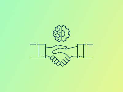 Line drawing of two hands shaking below icons of a brain and a gear, symbolizing collaboration and innovation, on a gradient green-yellow background.