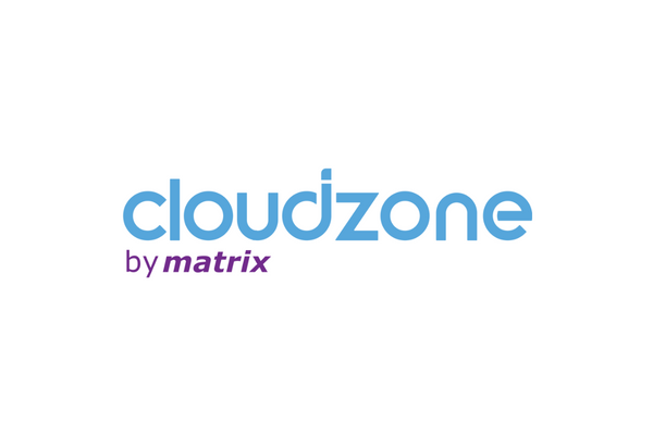 Logo of CloudZone by Matrix. The text 'cloudzone' appears in blue and 'by matrix' is in purple on a white background.