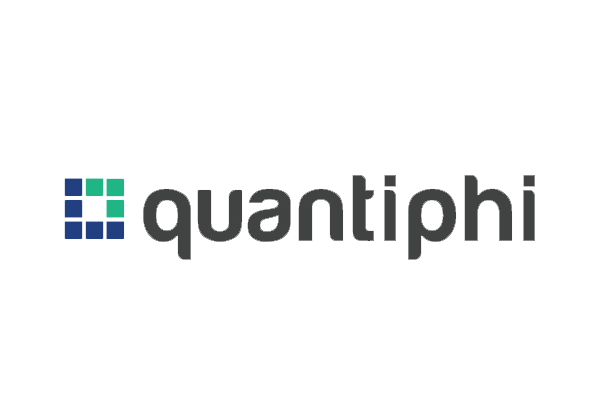 Quantiphi logo featuring the brand name in gray text with a graphic of green and blue squares forming a grid on the left.