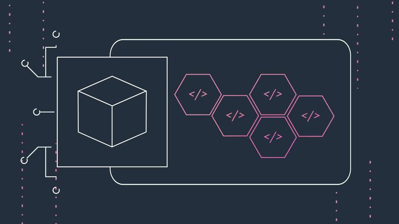 A stylized diagram featuring a cube and multiple hexagons with code symbols, representing technology or software architecture concepts. Designed in AWS brand style, suitable for use as a YouTube thumbnail.