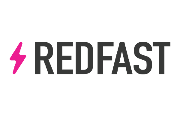 Redfast logo in a horizontal layout with pink and black colors on a white background.