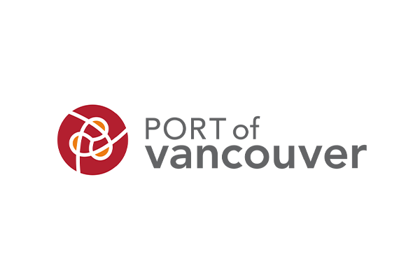 Logo of the Port of Vancouver featuring a red circular graphic with interlocking white and orange lines, alongside the text 'PORT of vancouver'.